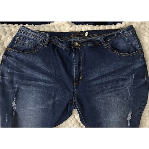 Women’s Plus SZ 21 Dark Wash Mid Rise Distressed Slim Straight Jeans Stretch - Picture 1 of 14